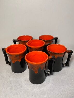 Vintage MCM Black & Orange Ceramic Mugs 
orange drip glaze 
Set of 6 collectible